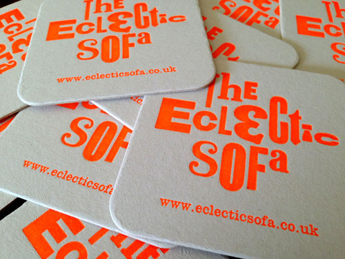 Eclectic Sofa letterpress beer mats